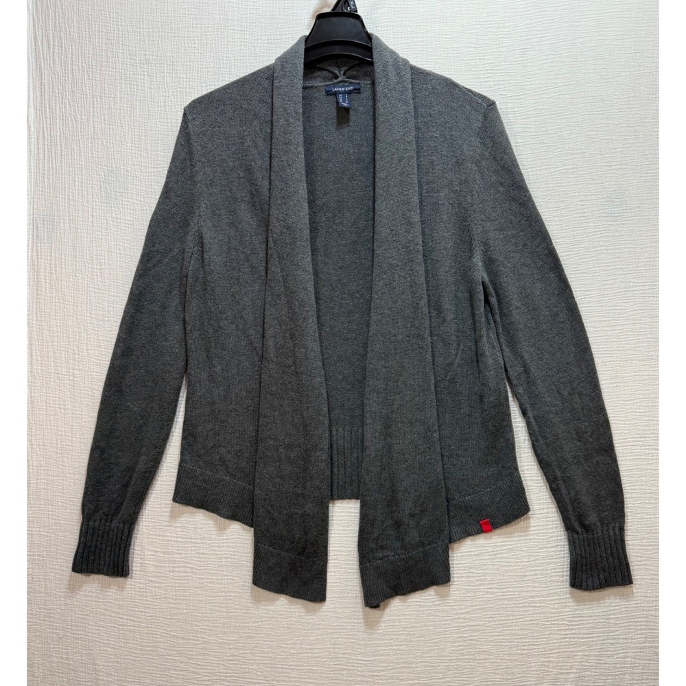 Lands' End Women's Cardigan Sweater Gray Shawl Collar Long Sleeve Size L‎ Cozy